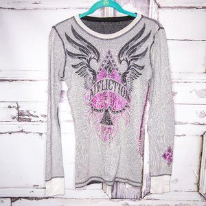 Affliction Long Sleeve Cotton Grey Black Pink Top